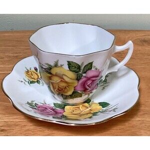 Queen Anne Fine Bone China England Yellow and Pink Roses Tea Cup and Saucer